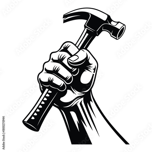 Strong hand holding a hammer in a monochrome illustration style