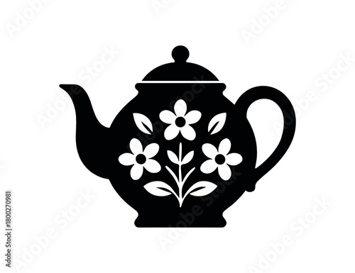 teapot with floral pattern flat black solid vector illustration isolated on white background