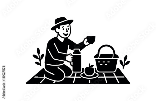 sharing tea at picnic flat black solid vector illustration isolated on white background