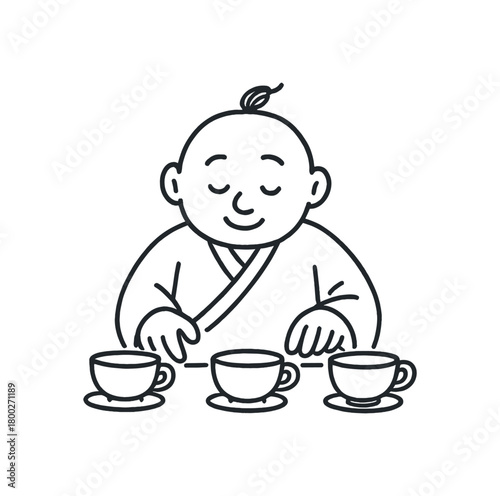 handdrawn cute doodle style tea master arranging teacups vector line illustration