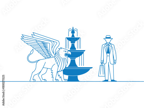 Man in vintage suit stands beside winged lion and ornate fountain