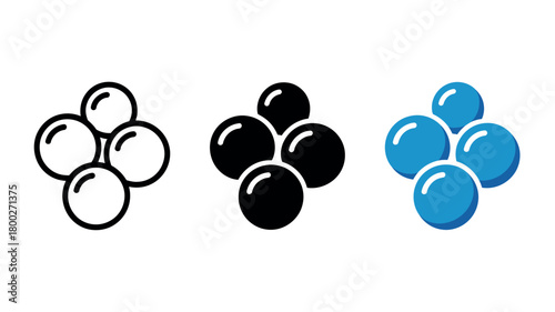 Cluster of spheres in outline, solid black, and vibrant blue variations