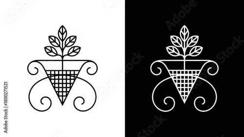 Elegant linear illustration of a potted plant with swirling decorative elements on black and white backgrounds