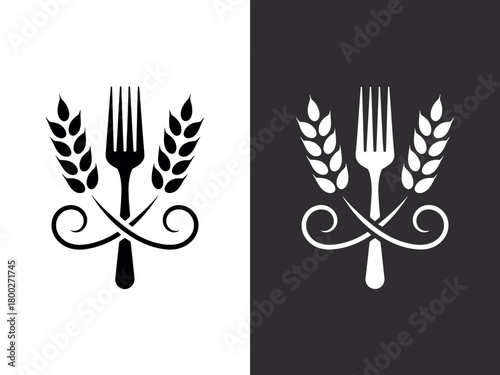 Elegant fork and wheat emblem symbolizing organic food and culinary arts.