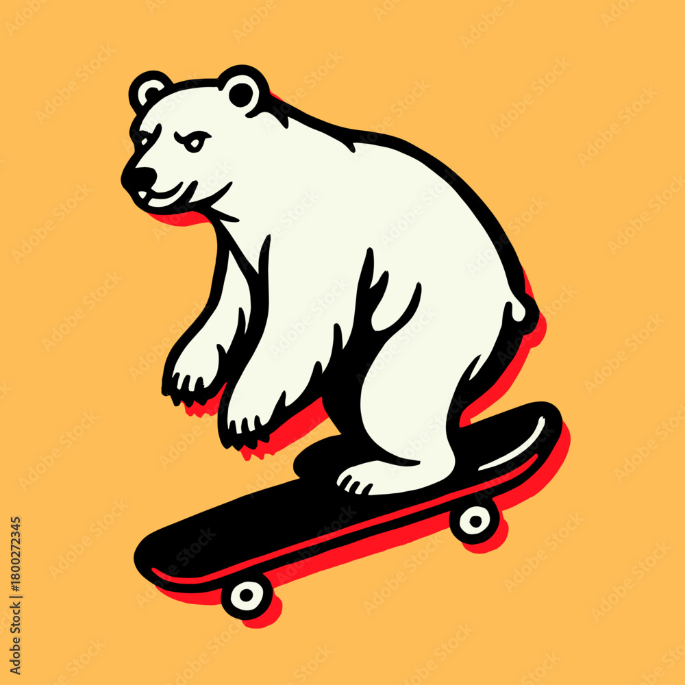 Fototapeta premium Skateboarding bear showcases cool tricks against a vibrant yellow background during a sunny day in the park