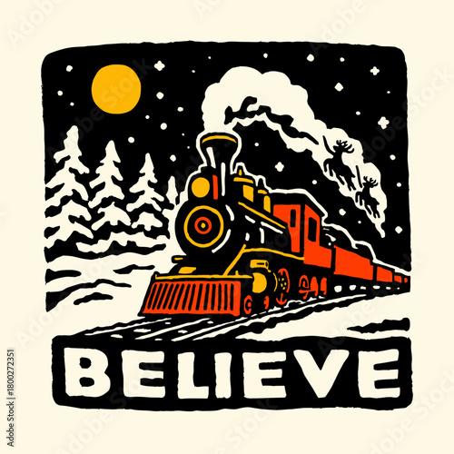 Vintage train traveling through snowy forest under a bright full moon with the word believe prominently displayed in a festive design