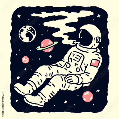 Astrophysical adventure featuring an astronaut floating in space with colorful planets and Earth in the background