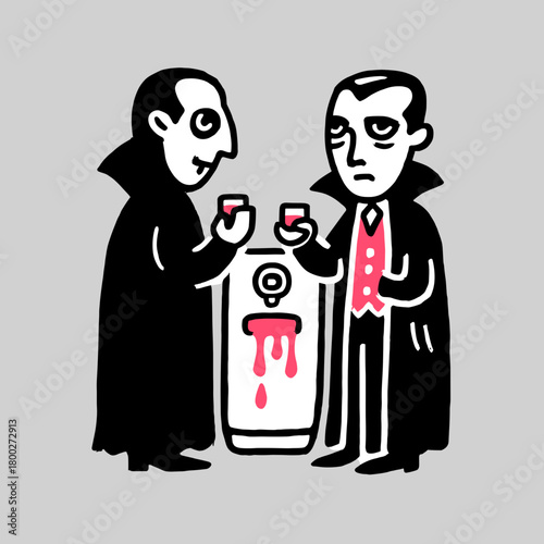 Two vampires sharing drinks at a spooky gathering in a dimly lit room during Halloween celebrations