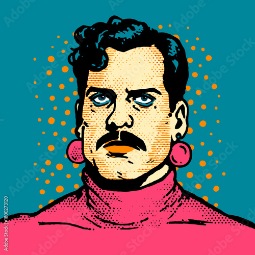 Vibrant pop art portrait of a man with earrings showcasing bold colors and striking features