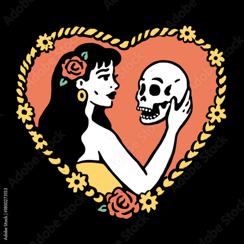 Elegant woman holds a skull in a heart-shaped frame adorned with flowers, blending beauty and symbolism in a striking artwork