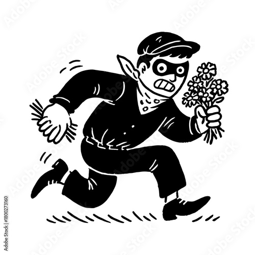 Masked bandit runs through the field with a bouquet of flowers in a playful chase of mischief and whimsy