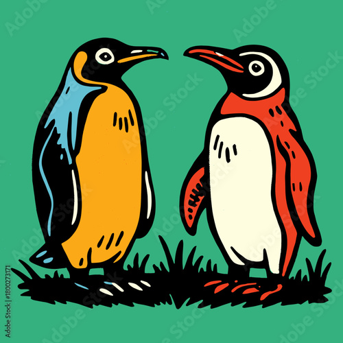Colorful penguins standing together against a bright green background while showcasing their unique features and personalities