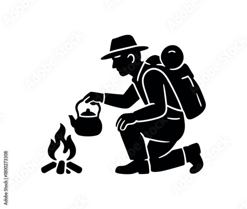 traveler making tea over campfire flat black solid vector illustration isolated on white background