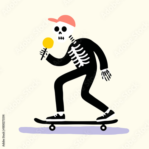 Skateboarding skeleton enjoying a sunny day with ice cream in hand at the park