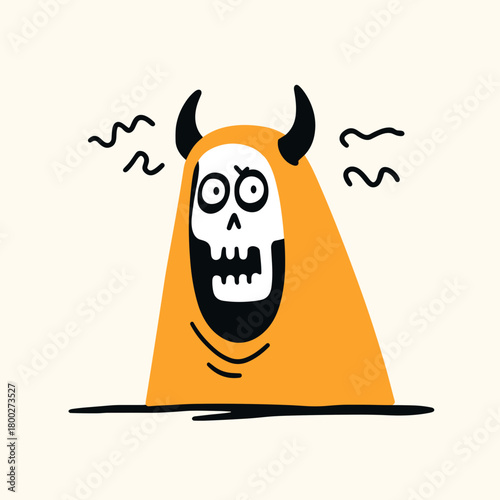 Skull character in an orange cloak expresses spooky fun for Halloween celebration