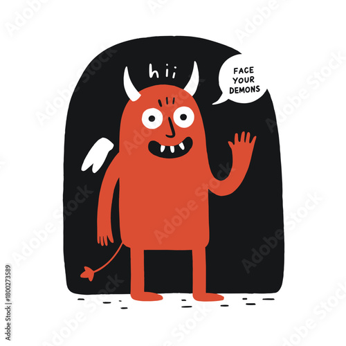 Friendly red creature greets viewers while encouraging them to face their fears in a whimsical underground setting