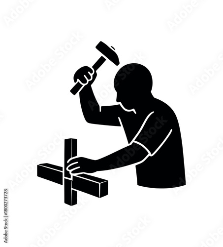 hammering wood joints flat black solid vector illustration isolated on white background
