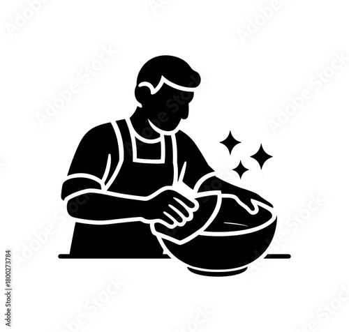 craftsman polishing wooden bowl flat black solid vector illustration isolated on white background