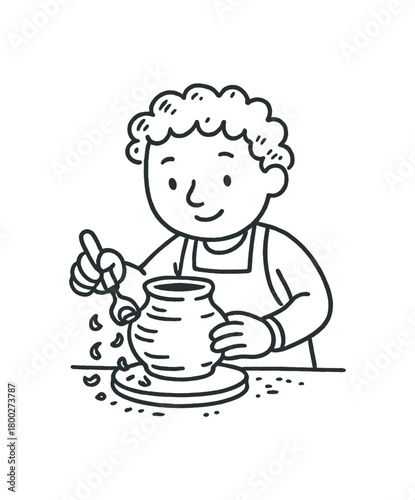handdrawn cute doodle style potter trimming clay pot vector line illustration