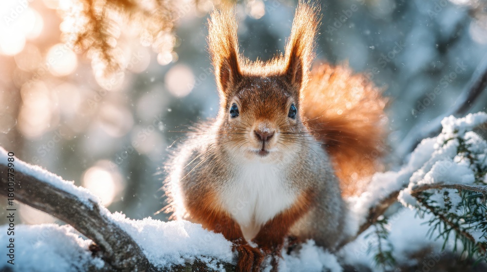Obraz premium sharp close up portrait of a fluffy squirrel sitting on snowy branch, sunlight illuminating fur, majestic winter forest in soft background, sparkling