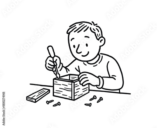 handdrawn cute doodle style assembling small wooden box vector line illustration