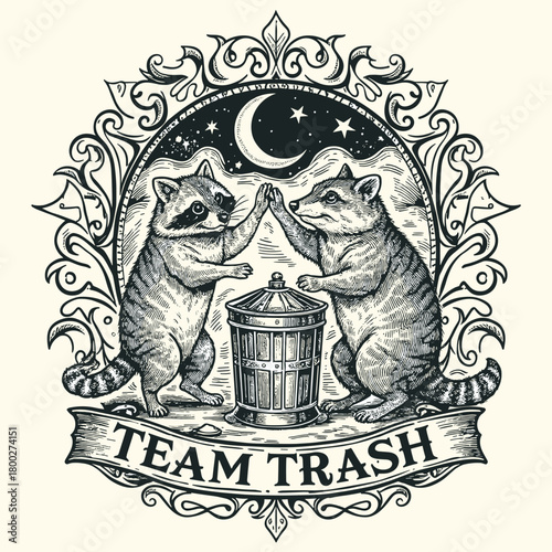 Raccoons celebrate teamwork under a moonlit sky while engaging around garbage can in a charming, whimsical scene