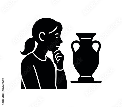 woman admiring handmade vase flat black solid vector illustration isolated on white background