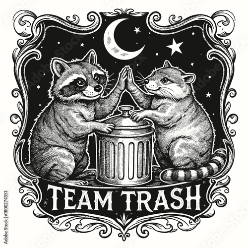 Raccoons celebrating teamwork under a moonlit sky with a trash can symbolize unity in mischief and adventure
