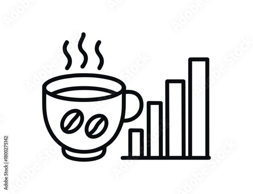 Flat vector illustration of coffee cup with beans and aroma waves next to compact bar chart showing cafe popularity minimal geometric shapes uniform stroke clean edges no perspective no