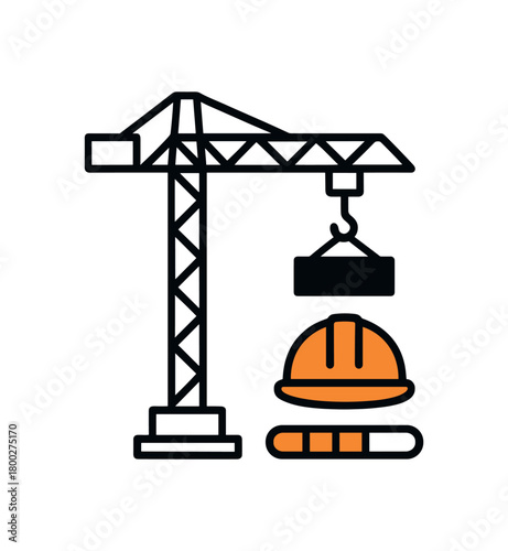 Flat vector illustration of tower crane lifting near safety helmet with construction progress bar minimal geometric shapes uniform stroke clean edges no perspective no depth effects no