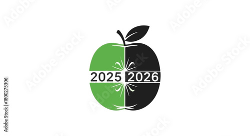 Symbolic apple divided into two halves representing the transition from 2025 to 2026