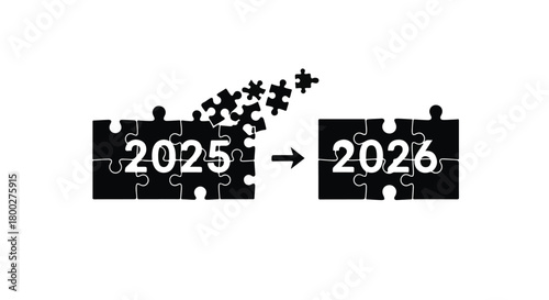 Puzzle pieces transforming from the year 2025 to 2026, symbolizing future progress and transition.