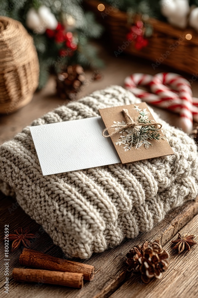 Fototapeta premium Blank white card resting on a cozy knit sweater with Christmas decor and candy canes