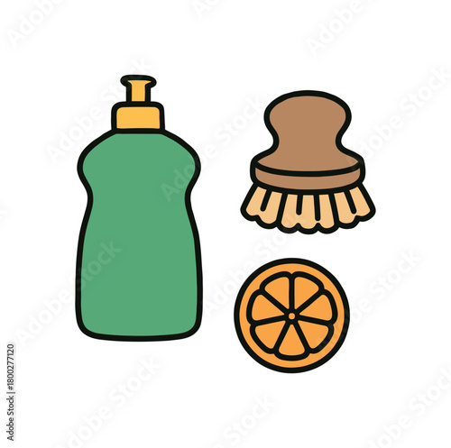 Cute doodle zero contain collection flat vector illustration bold handdrawn outlines bright solid fills isolated on white clean white space sticker style minimal detail solid dish soap