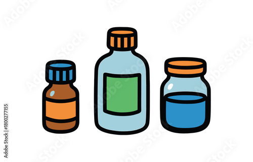 Cute doodle zero contain collection flat vector illustration bold handdrawn outlines bright solid fills isolated on white clean white space sticker style minimal detail refill bottles