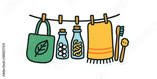 Cute doodle zero waste home collection flat vector illustration bold handdrawn outlines bright solid fills isolated on white clean white space sticker style minimal detail clothesline rope