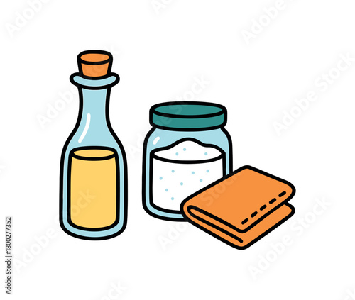 Cute doodle zero waste home collection flat vector illustration bold handdrawn outlines bright solid fills isolated on white clean white space sticker style minimal detail vinegar bottle