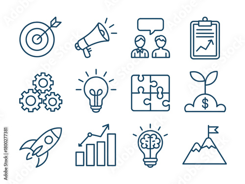 Collection of business and startup concept icons with a modern, clean outline style.