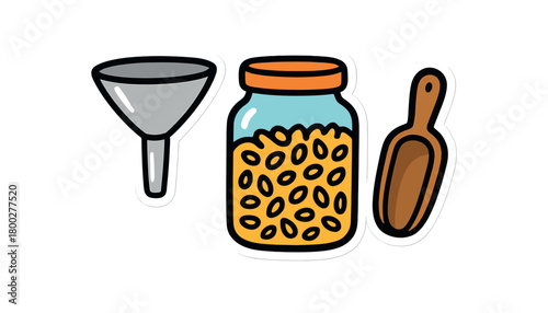 Cute doodle zero waste home collection flat vector illustration bold handdrawn outlines bright solid fills isolated on white clean white space sticker style minimal detail metal jar funnel