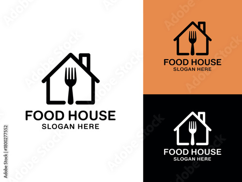 Minimalist house icon with a fork inside, representing a food establishment or restaurant.