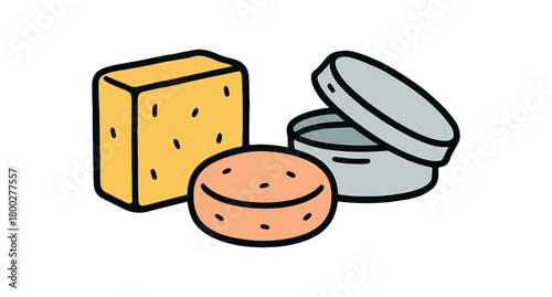 Cute doodle zero plastic bathroom collection flat vector illustration bold handdrawn outlines bright solid fills isolated on white clean white space sticker style minimal detail shampoo bar