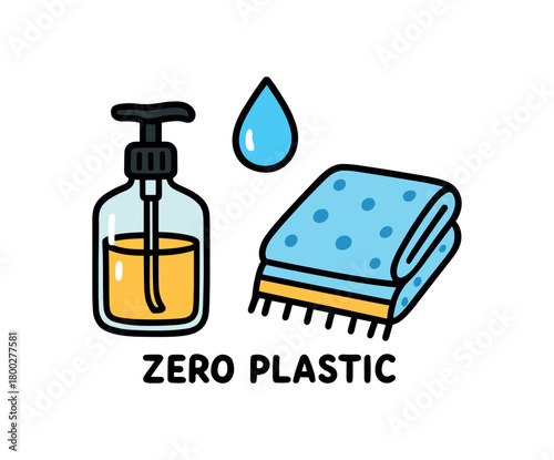 Cute doodle zero plastic bathroom collection flat vector illustration bold handdrawn outlines bright solid fills isolated on white clean white space sticker style minimal detail glass pump