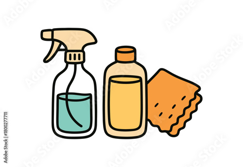 Cute doodle zero plastic bathroom collection flat vector illustration bold handdrawn outlines bright solid fills isolated on white clean white space sticker style minimal detail glass spray