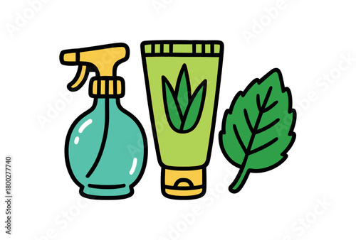 Cute doodle zero plastic bathroom collection flat vector illustration bold handdrawn outlines bright solid fills isolated on white clean white space sticker style minimal detail glass spray