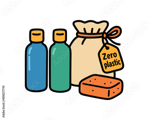 Cute doodle zero plastic bathroom collection flat vector illustration bold handdrawn outlines bright solid fills isolated on white clean white space sticker style minimal detail aluminum