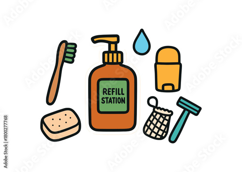 Cute doodle zero plastic bathroom collection flat vector illustration bold handdrawn outlines bright solid fills isolated on white clean white space sticker style minimal detail refill