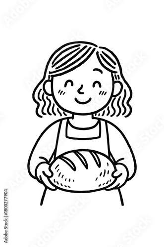 handdrawn cute doodle style woman sharing homemade bread vector line illustration