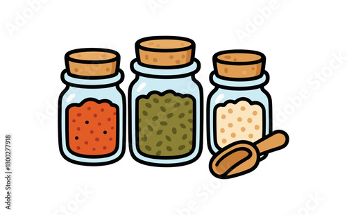 Cute doodle zero contain food storage collection flat vector illustration bold handdrawn outlines bright solid fills isolated on white clean white space sticker style minimal detail spice