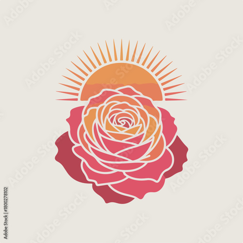 Sunrise rose flower with radiant sun rays, layered petals in warm gradient tones, modern floral emblem, romantic botanical vector illustration on light backdrop