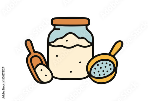 Cute doodle zero contain food storage collection flat vector illustration bold handdrawn outlines bright solid fills isolated on white clean white space sticker style minimal detail flour